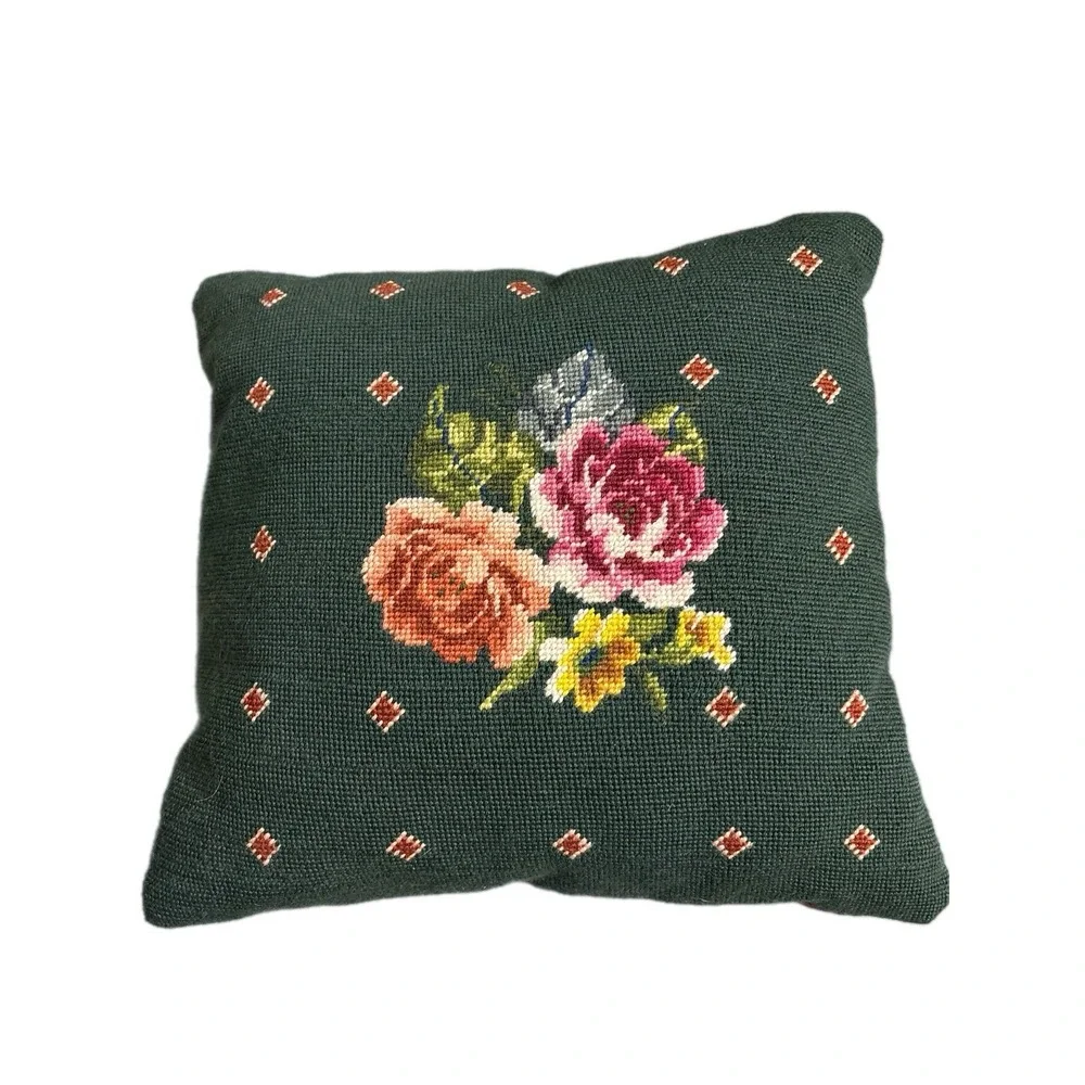 Handmade‎ English Tapestry Green Rose Floral Pillow Wool And Velvet Cottagecore